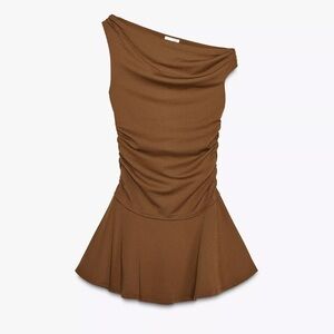 NWOT Zara Chocolate Brown One Shoulder Ruched Mini Dress